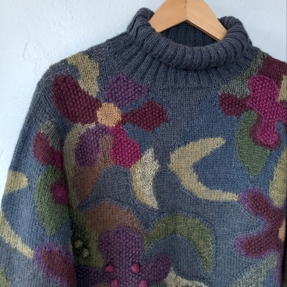 Peruvian Connection Aplaca Sweater Floral Patchwork Embroidery Pom Pom Artsy - Picture 5 of 16